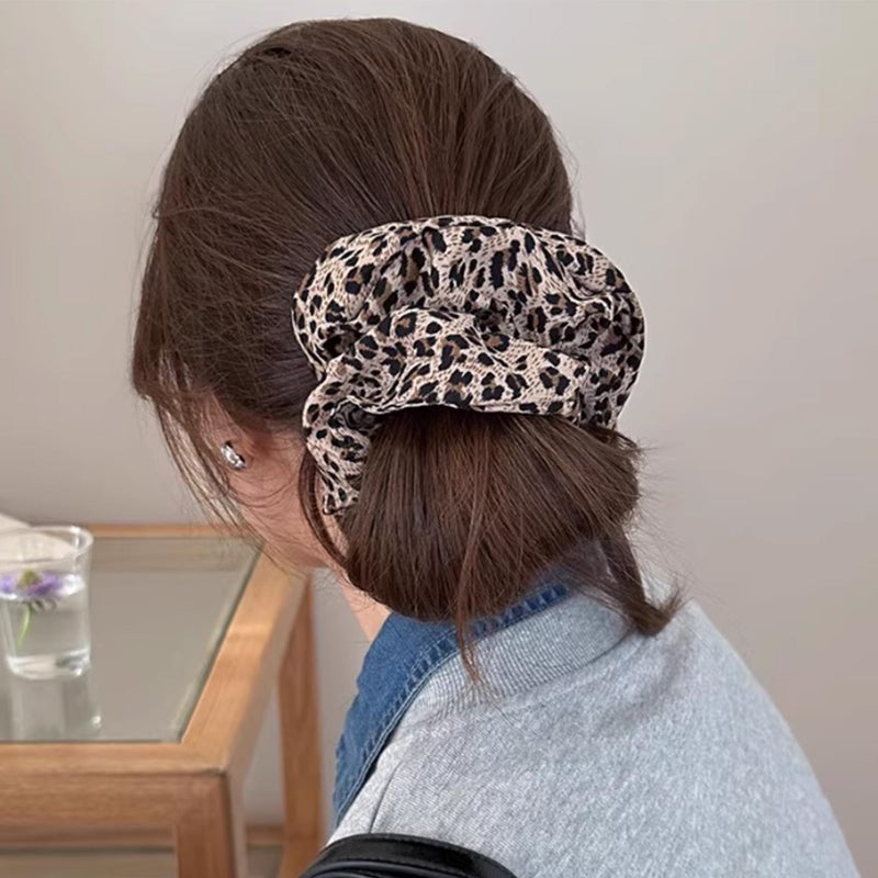OWITER 6 Pcs Hair Scrunchies, Hair Elastics Bands Floral Hair Scrunchie, Elastic Rubber Bands Chiffon Hair Scrunchies for Thick Curly Hair Flower Hair Ties Hair for Women Girls (leopard print 2) - Image 3